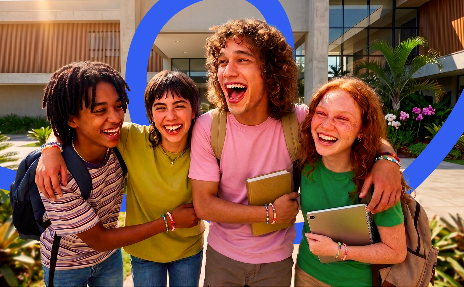 Estudantes brasileiros sorrindo no campus, com forma circular azul de destaque
